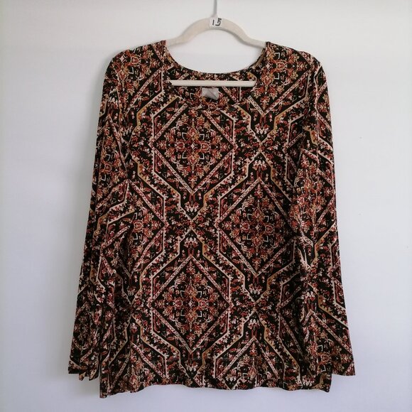 Chico's Womens Brown Persian Inspired Trellis Paisley Print Blouse Size 2 US L - Picture 1 of 7